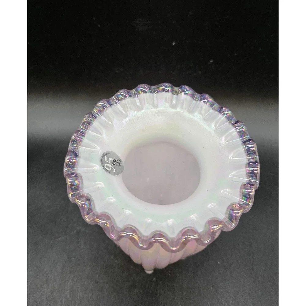 Vintage Fenton Art Glass 95th Anniversary Crimped Pink Cased Vase 5